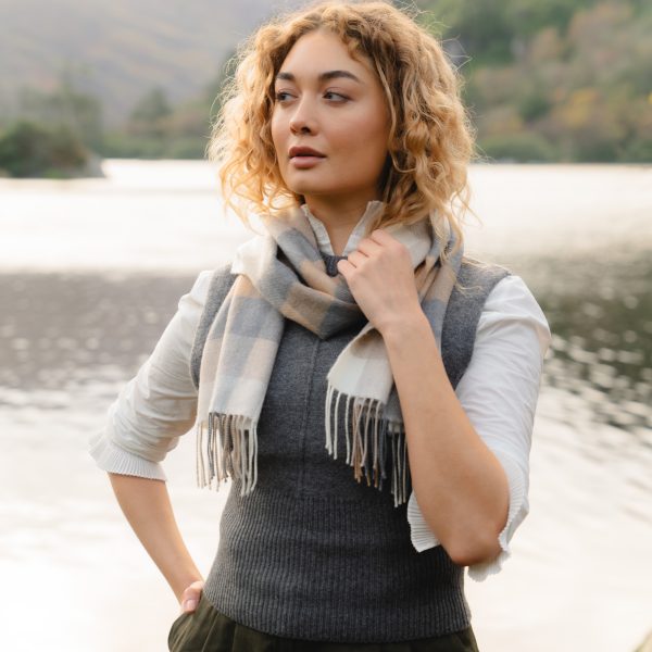 Merino Sjaal | Blauw Beige Geblokt No. 804 - john hanly - Accessoires