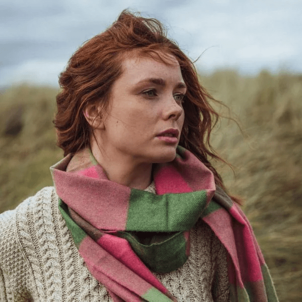 Merino Sjaal | Groen Roze Geblokt 153 - john hanly - Accessoires
